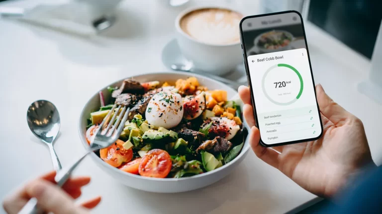 person holding a mobile app to track calories of salad on table