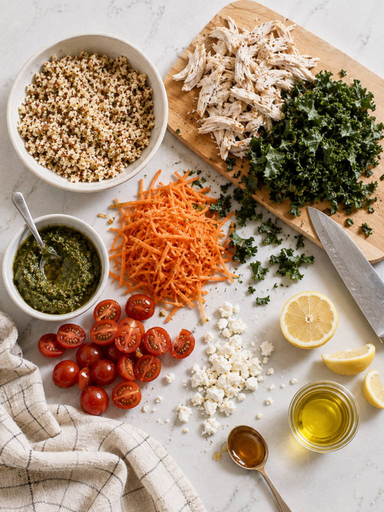 Overhead view of pesto chicken quinoa bowl ingredients with quinoa, shredded chicken, kale, carrots, tomatoes, feta, pesto, lemon, olive oil, and honey.