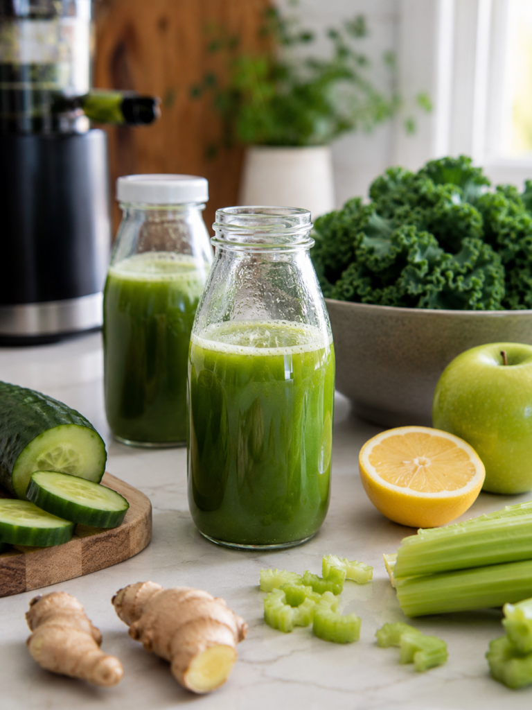 Fresh green juice in a glass with cucumber, celery, green apple, lemon, ginger, and kale on a kitchen counter.