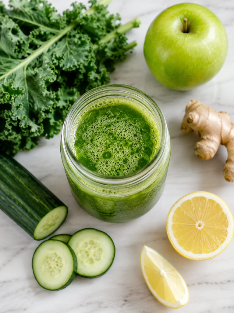 Fresh green juice in glass jar with kale, cucumber, apple, and lemon on marble countertop