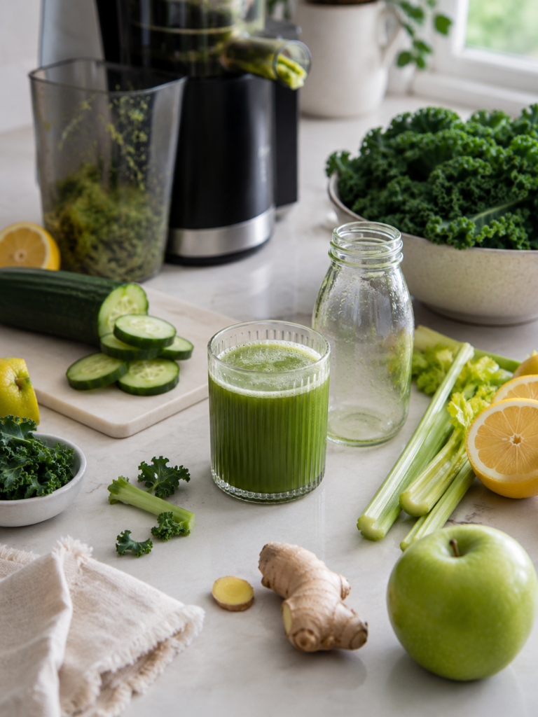 Green juice on a kitchen counter with cucumber, celery, green apple, lemon, ginger, kale, and a juicer blurred in the background