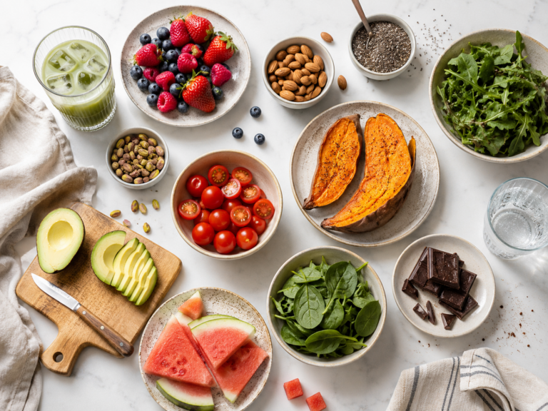 Colorful flat lay of skin-supporting foods including avocado, berries, sweet potatoes, leafy greens, tomatoes, watermelon, matcha, nuts, chia seeds, and dark chocolate on a light marble countertop.