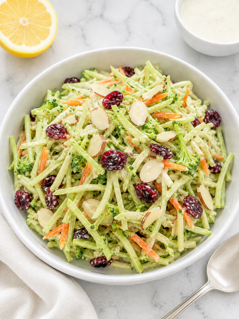 Overhead view of creamy broccoli slaw in a white bowl with dried cranberries, sliced almonds, lemon, and dressing nearby.