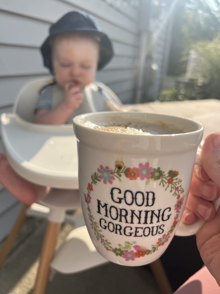 good morning mug outside with baby