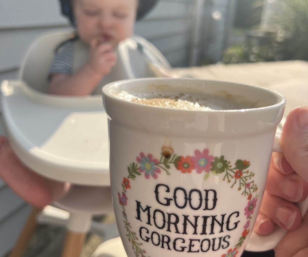 good morning mug outside with baby