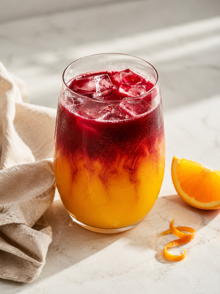 Copycat First Watch Morning Meditation drink layered with orange turmeric juice and ruby beet juice over ice.