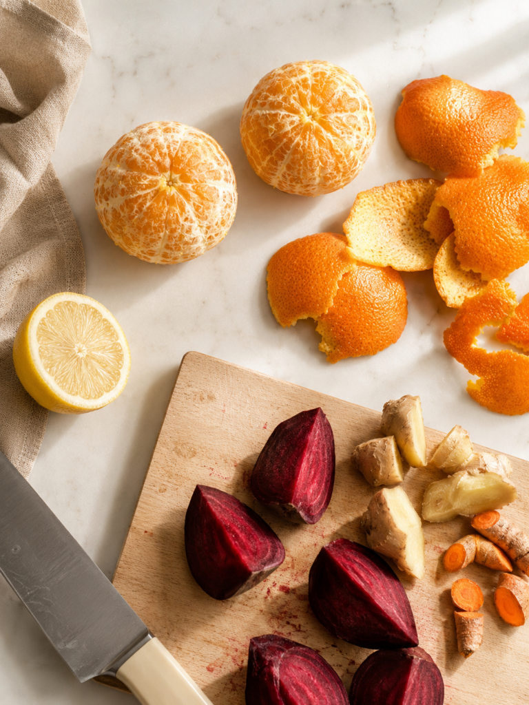 Peeled oranges, lemon, quartered beet, fresh ginger, and turmeric prepared for Morning Meditation juice.