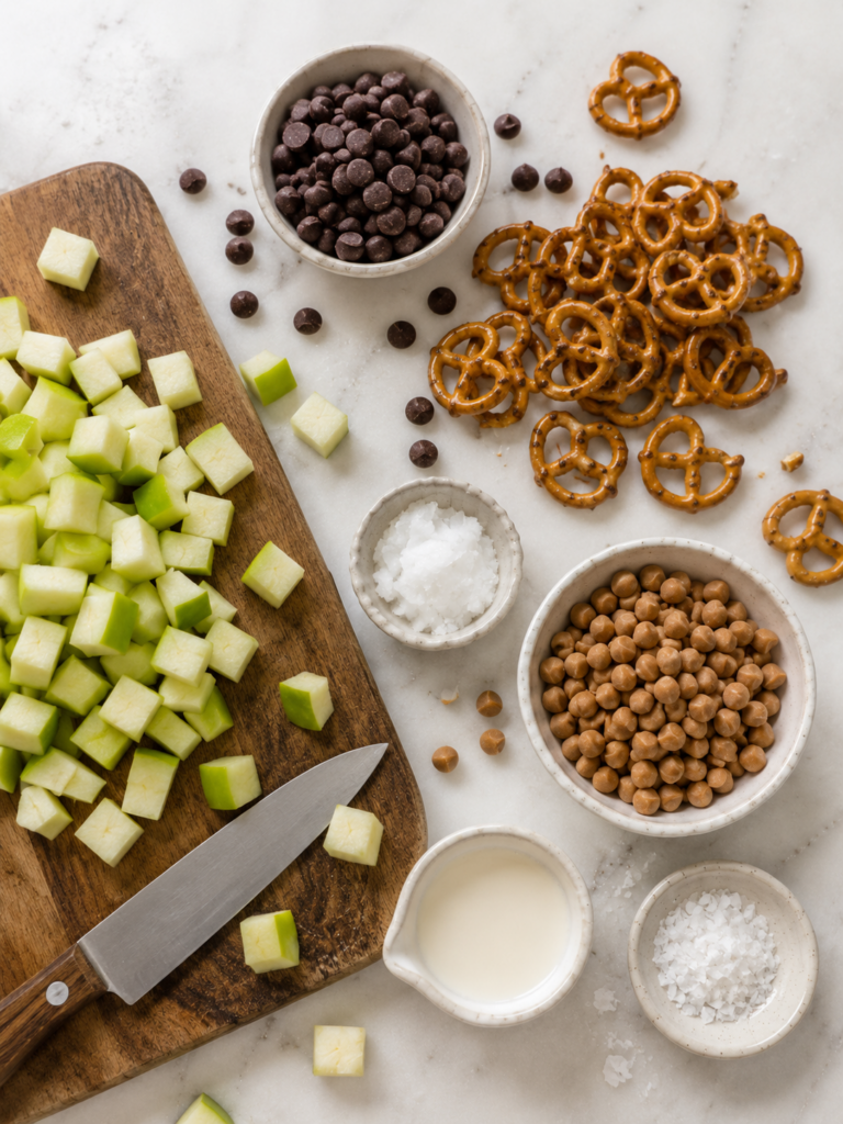 Overhead ingredient photo for caramel apple bark with diced Granny Smith apples on a wooden cutting board, a knife, chocolate chips, caramel bits, pretzels, heavy cream, and flaky sea salt on a light marble countertop.