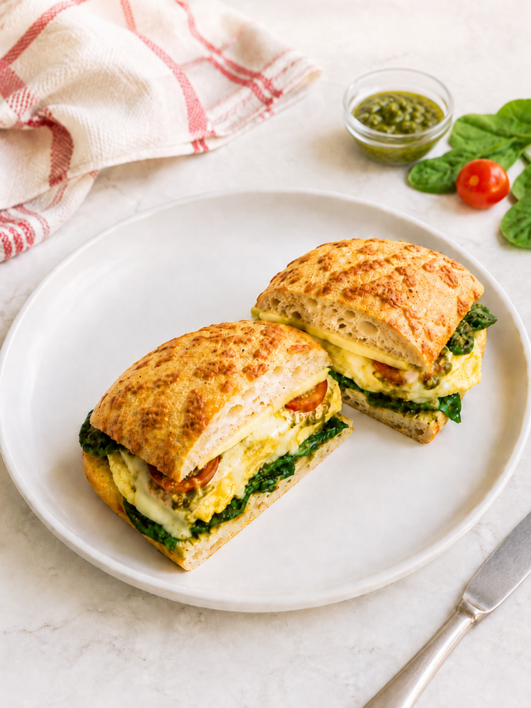 Starbucks egg pesto sandwich copycat cut in half on a white plate with spinach, tomato, melted cheese, and pesto on an Asiago ciabatta roll.