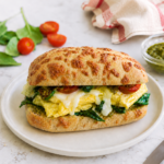 Starbucks egg pesto sandwich copycat on an Asiago ciabatta roll with melted cheese, spinach, tomato, and pesto on a white plate.