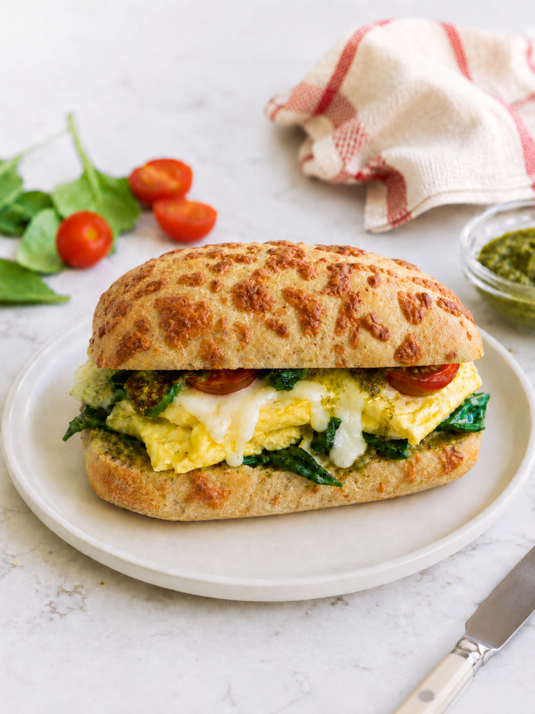 Starbucks egg pesto sandwich copycat on an Asiago ciabatta roll with melted cheese, spinach, tomato, and pesto on a white plate.