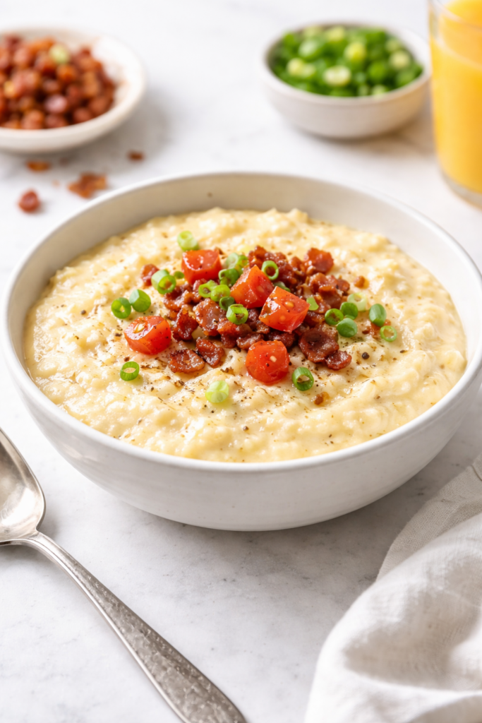 bowl of copycat another broken egg slow cooker grits topped with bacon, scallions, and tomato