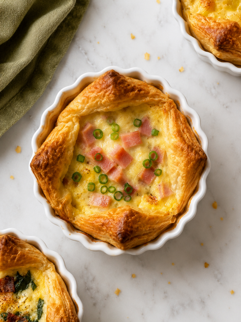 Panera soufflés with ham and cheese in white ramekin on a light marble countertop