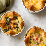 Four copycat Panera egg soufflés in white ramekins with golden puff pastry tops on a light marble countertop
