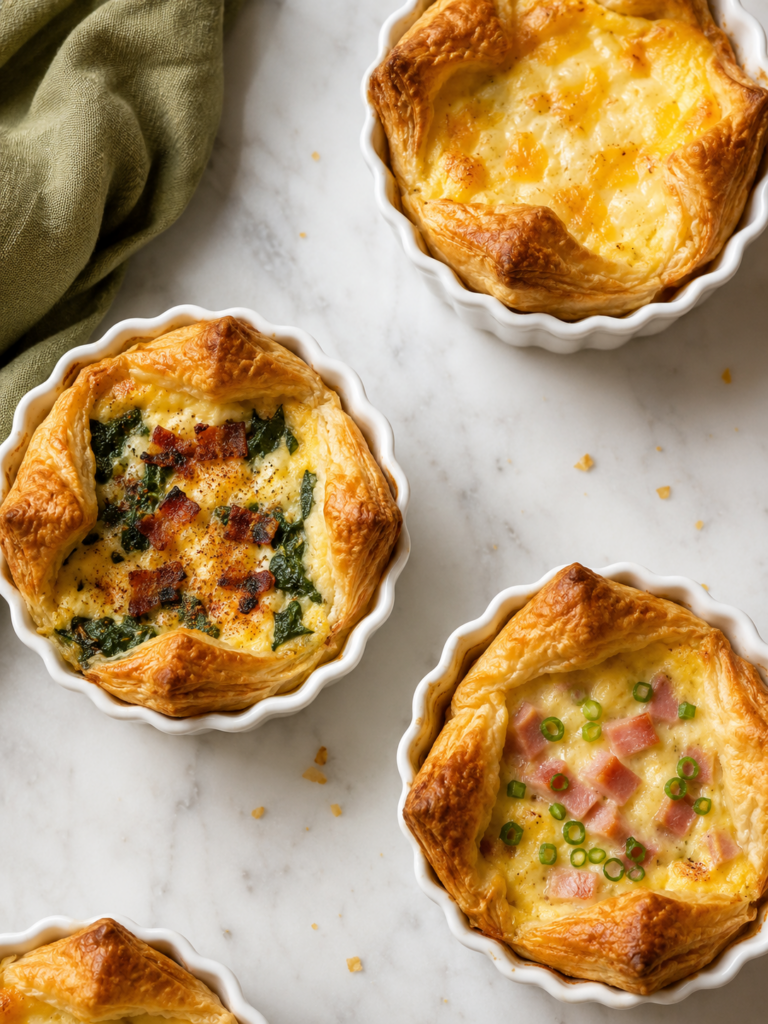 Four copycat Panera egg soufflés in white ramekins with golden puff pastry tops on a light marble countertop