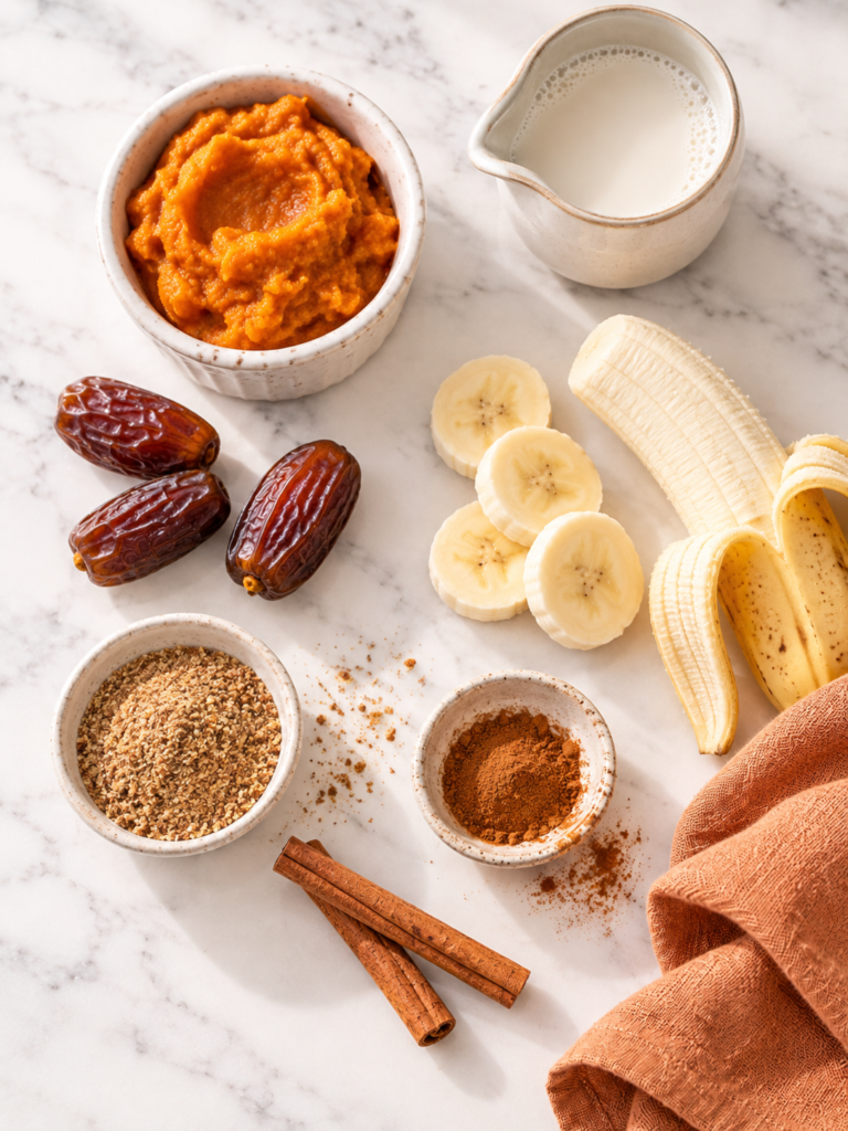 Overhead view of pumpkin pie smoothie ingredients including pumpkin puree, banana, Medjool dates, milk, ground flaxseed, and cinnamon on a light marble countertop.