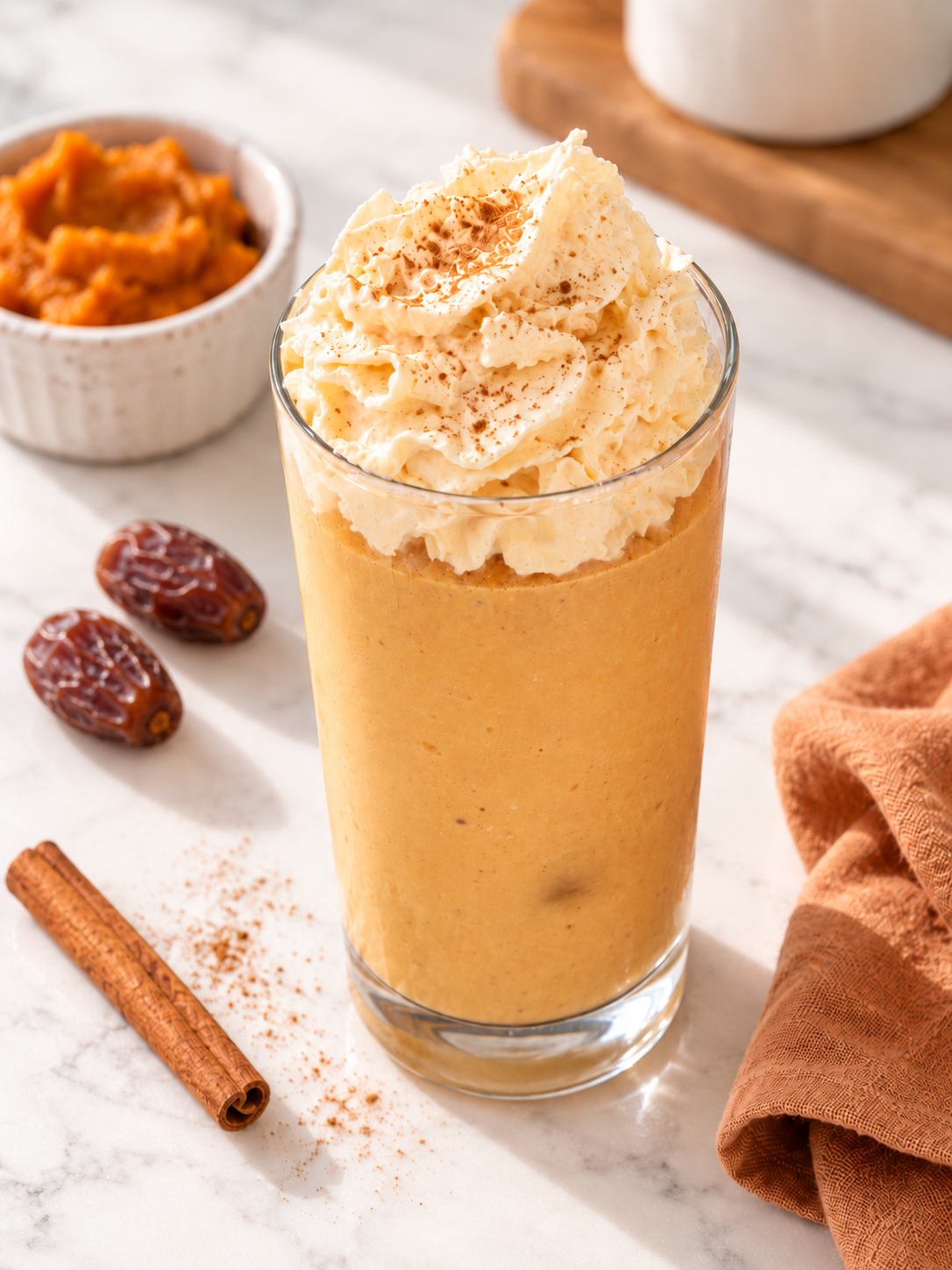 Thick and creamy pumpkin pie smoothie topped with pumpkin whipped cream and cinnamon, served with dates and pumpkin puree on a marble countertop.