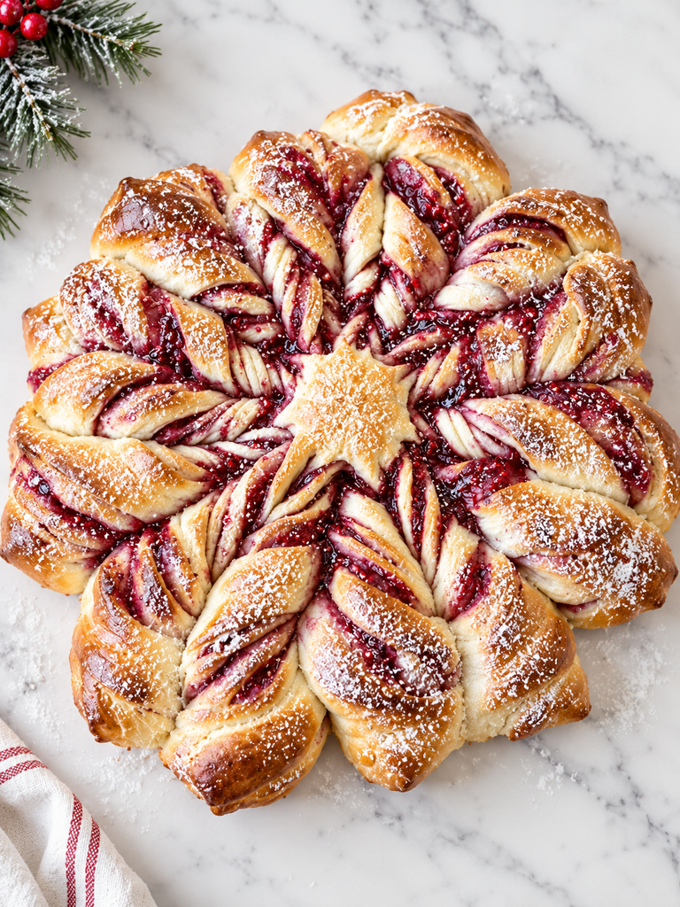 Overhead view of golden raspberry snowflake bread with twisted layers and powdered sugar on white marble, decorated with festive greenery.