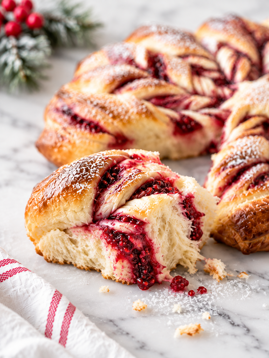 Close-up of a pulled-apart piece of raspberry snowflake bread showing soft, fluffy layers and sweet raspberry filling.