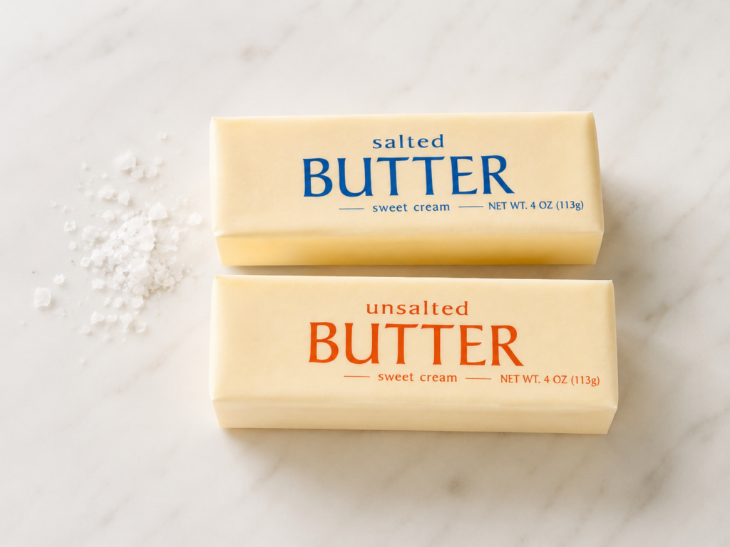 Two sticks of salted and unsalted butter in blue and red wrappers on a white marble countertop.