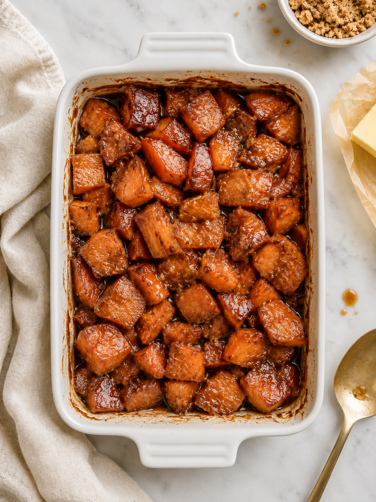 Baked candied yams coated in a glossy brown sugar and butter glaze in a white ceramic baking dish.