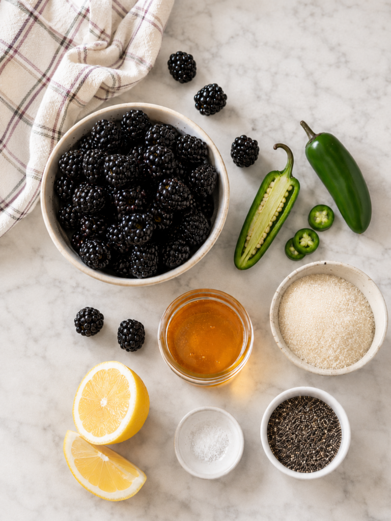 Blackberries, jalapeño, honey, cane sugar, lemon, chia seeds, and sea salt for blackberry jalapeño jam.