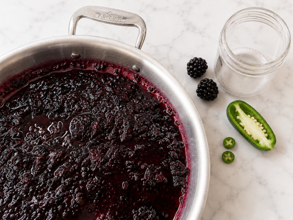 Blackberry jalapeño chia jam in a stainless steel skillet beside an empty glass jar and fresh jalapeño.