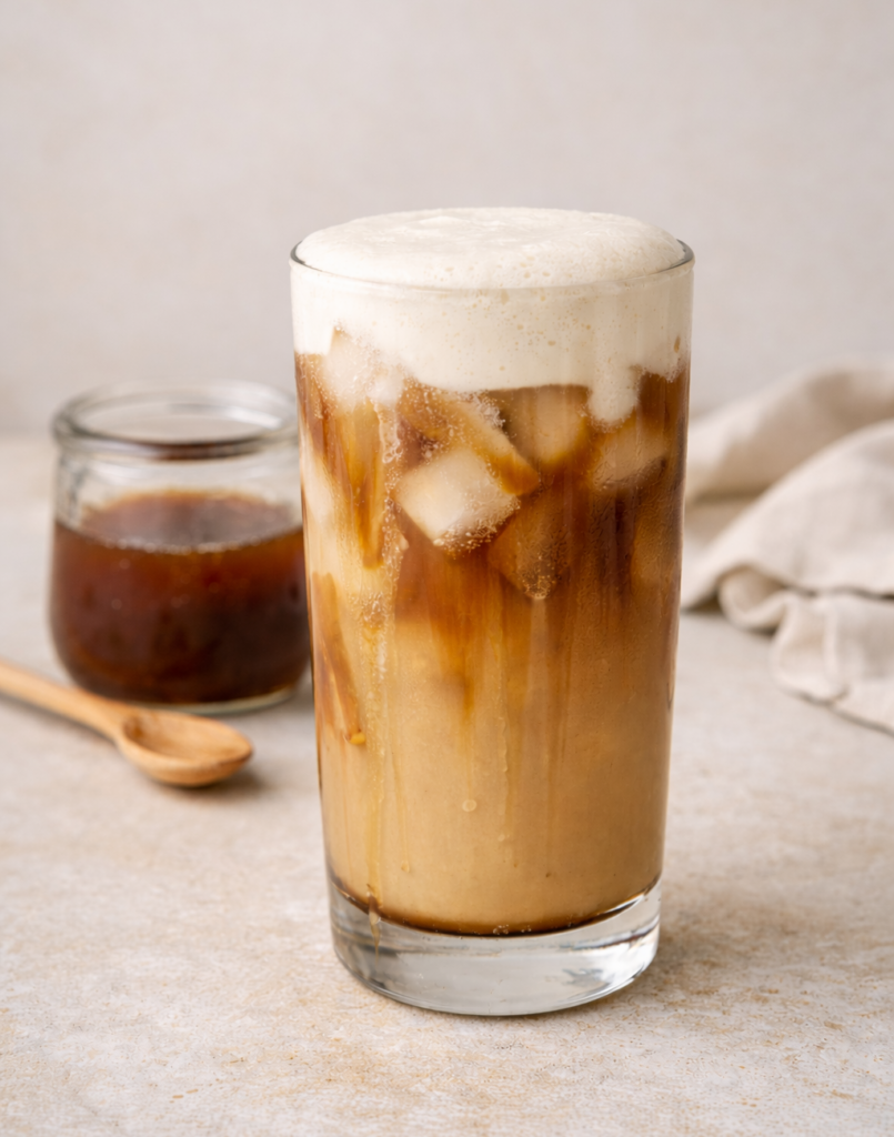 glass of butterbeer iced coffee