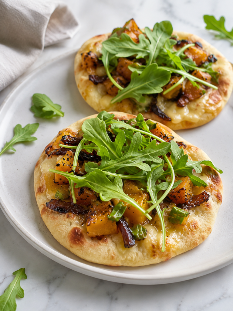 Two butternut squash flatbreads topped with caramelized onion, melted Gouda, and fresh arugula on a white plate