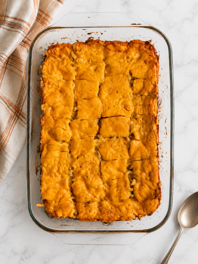 Overhead view of baked macaroni and cheese topped with melted cheddar slices in a glass casserole dish.