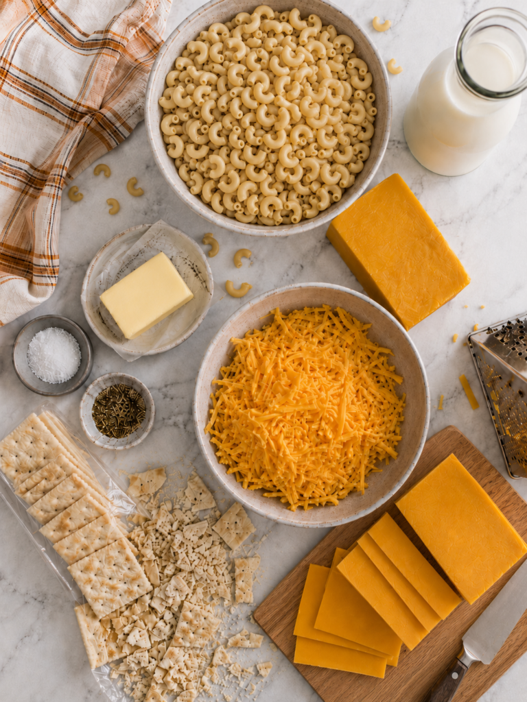 Overhead view of elbow macaroni, sharp cheddar, milk, butter, saltine crackers, salt, and pepper for baked mac and cheese.