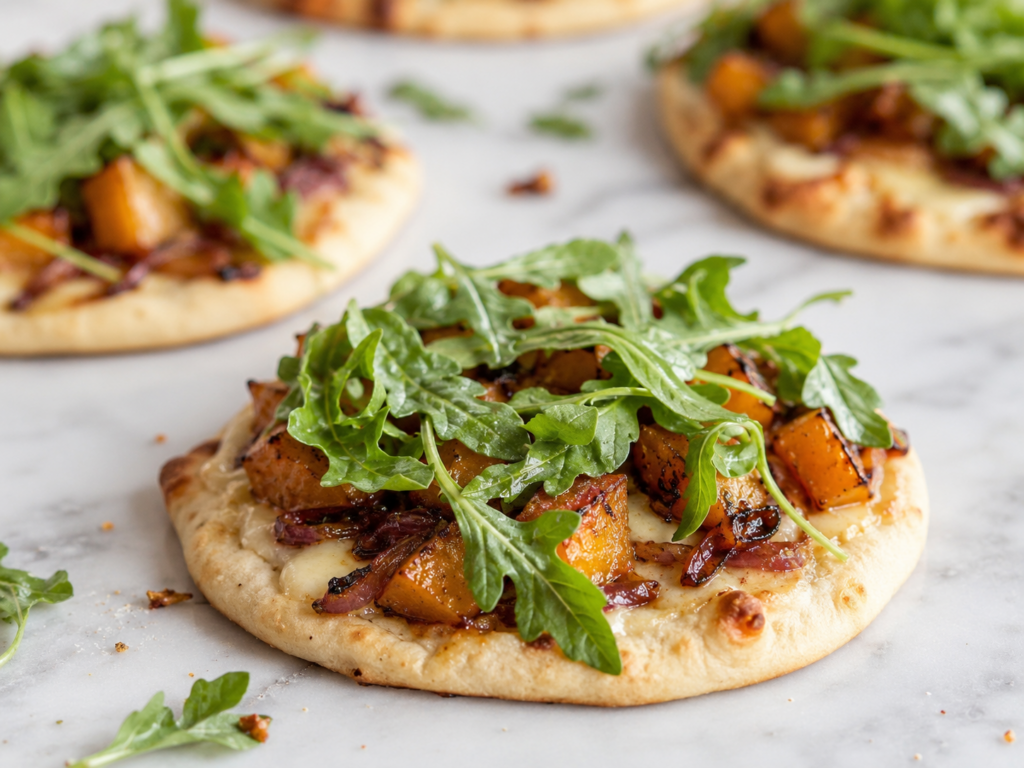 Close-up of a butternut squash flatbread with arugula and caramelized onion on a marble counter