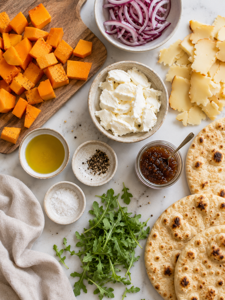 Overhead ingredient shot for butternut squash flatbread with cubed butternut squash on a cutting board, sliced red onion, smoked Gouda, fresh mozzarella, fig jam, arugula, olive oil, seasonings, round naan flatbreads, and a cream towel on a marble countertop.