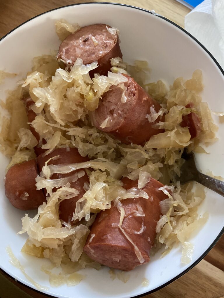 crockpot sauerkraut and kielbasa for good luck and gut health on the first day of the new year.