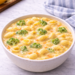 bowl of Panera Broccoli Cheddar Mac and Cheese High-Protein Copycat close up