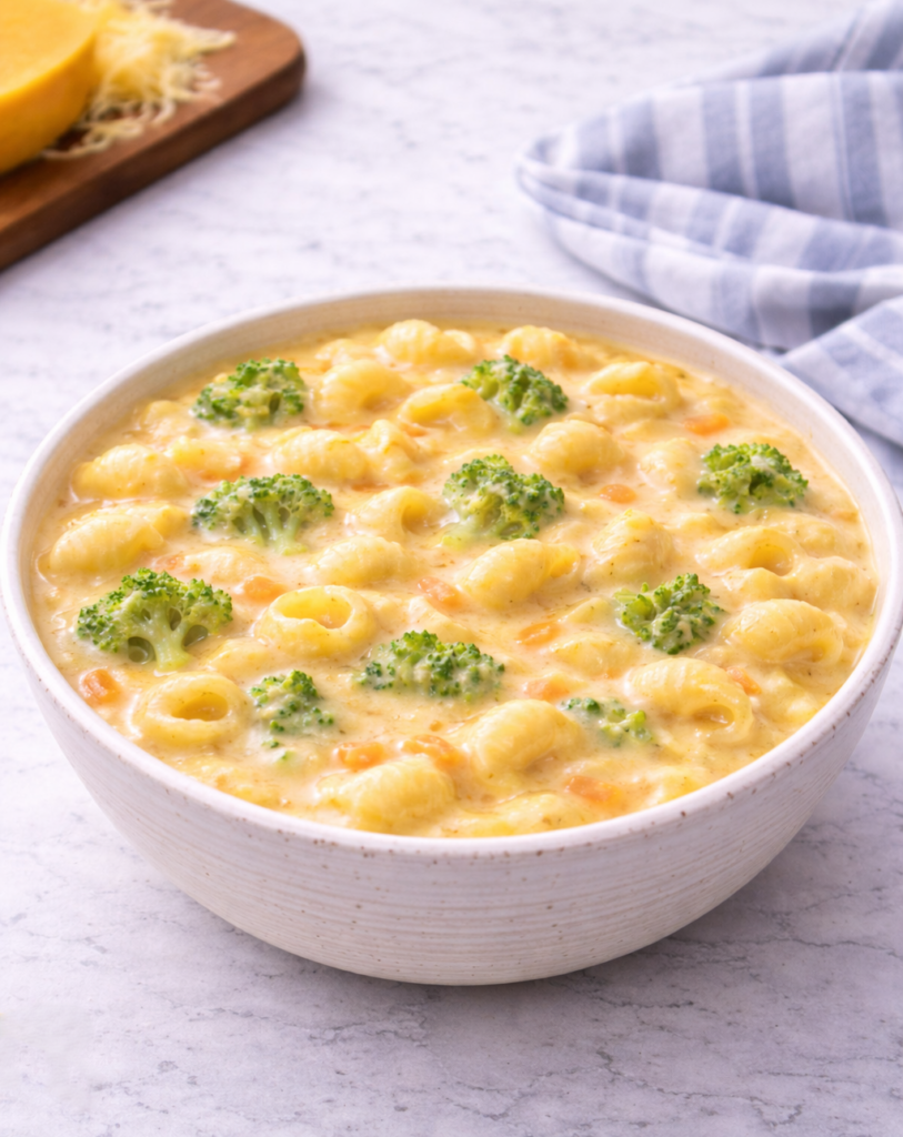 bowl of Panera Broccoli Cheddar Mac and Cheese High-Protein Copycat close up