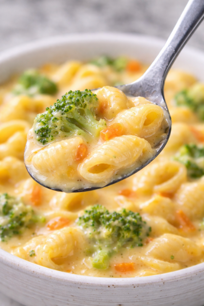close up spoon full of Panera Broccoli Cheddar Mac and Cheese High-Protein Copycat