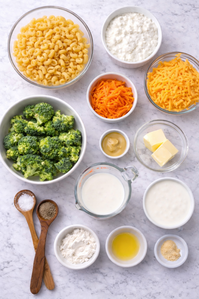 ingredients for High-Protein Panera Broccoli Cheddar Mac and Cheese Copycat