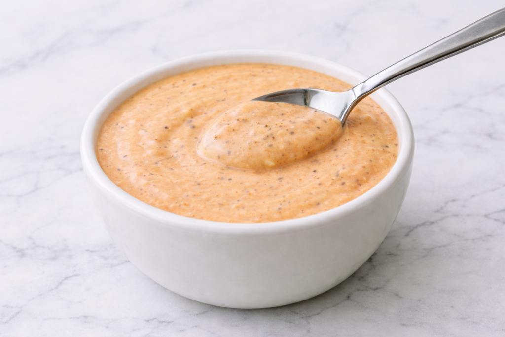 a bowl of A creamy, peppery Raising Cane’s sauce copycat made with simple pantry ingredients.