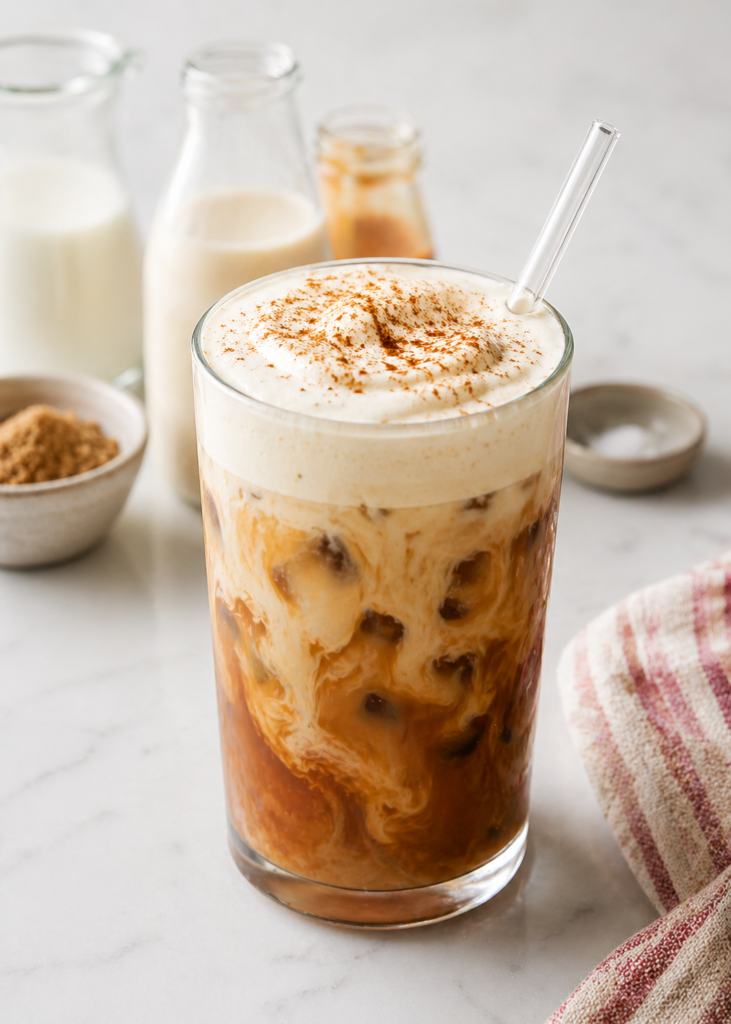 glass of iced coffee with butterbeer creamer, topped with butterbeer cold foam, in front of creamer ingredients