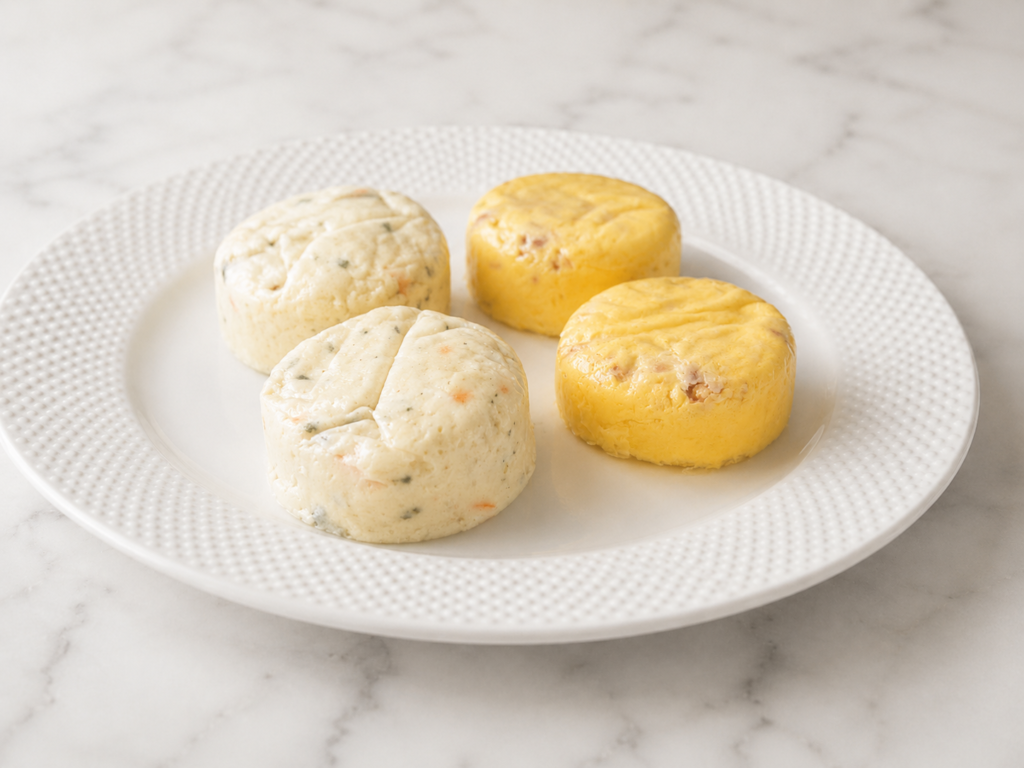 Four Costco egg bites on a white plate, two egg white with cheese trio and two uncured bacon and gouda