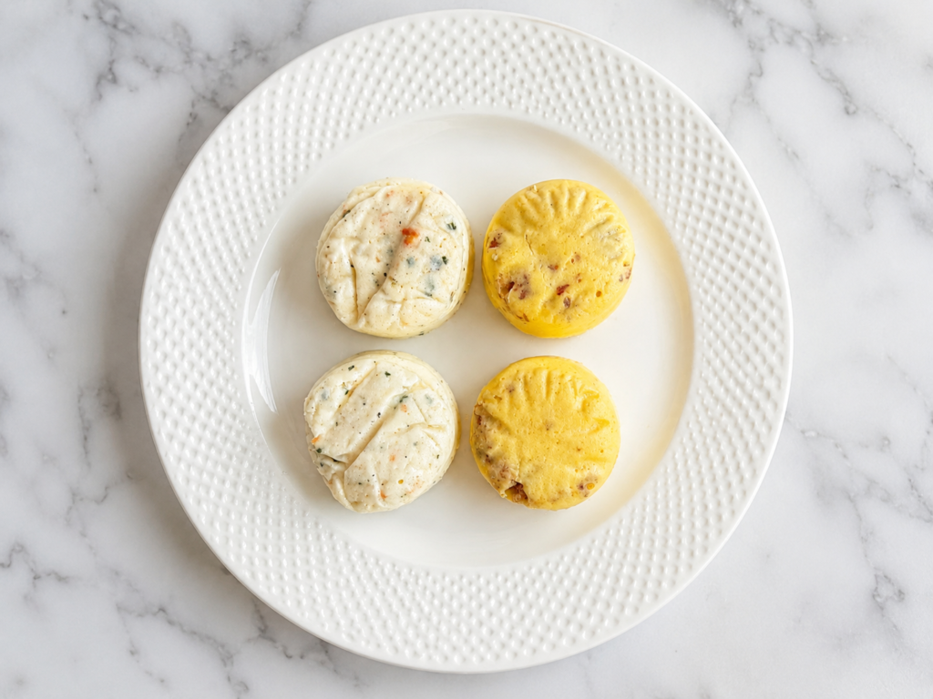 Overhead comparison of Costco egg white bites and bacon and gouda egg bites on a white plate