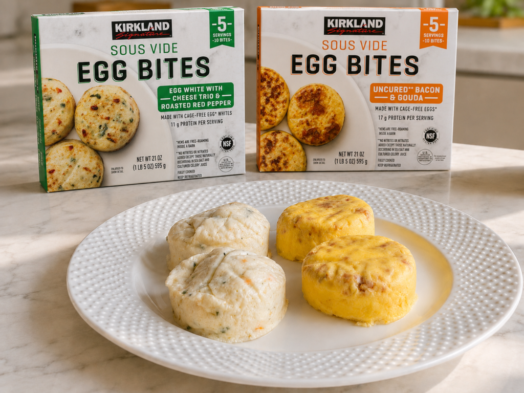 Kirkland Signature Sous Vide Egg Bites boxes in both varieties beside a plate of bacon and gouda and egg white bites