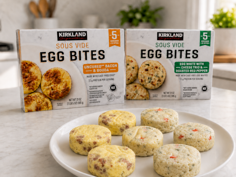 Kirkland Signature bacon and gouda and egg white sous vide egg bites on a white plate with both Costco boxes in the background.