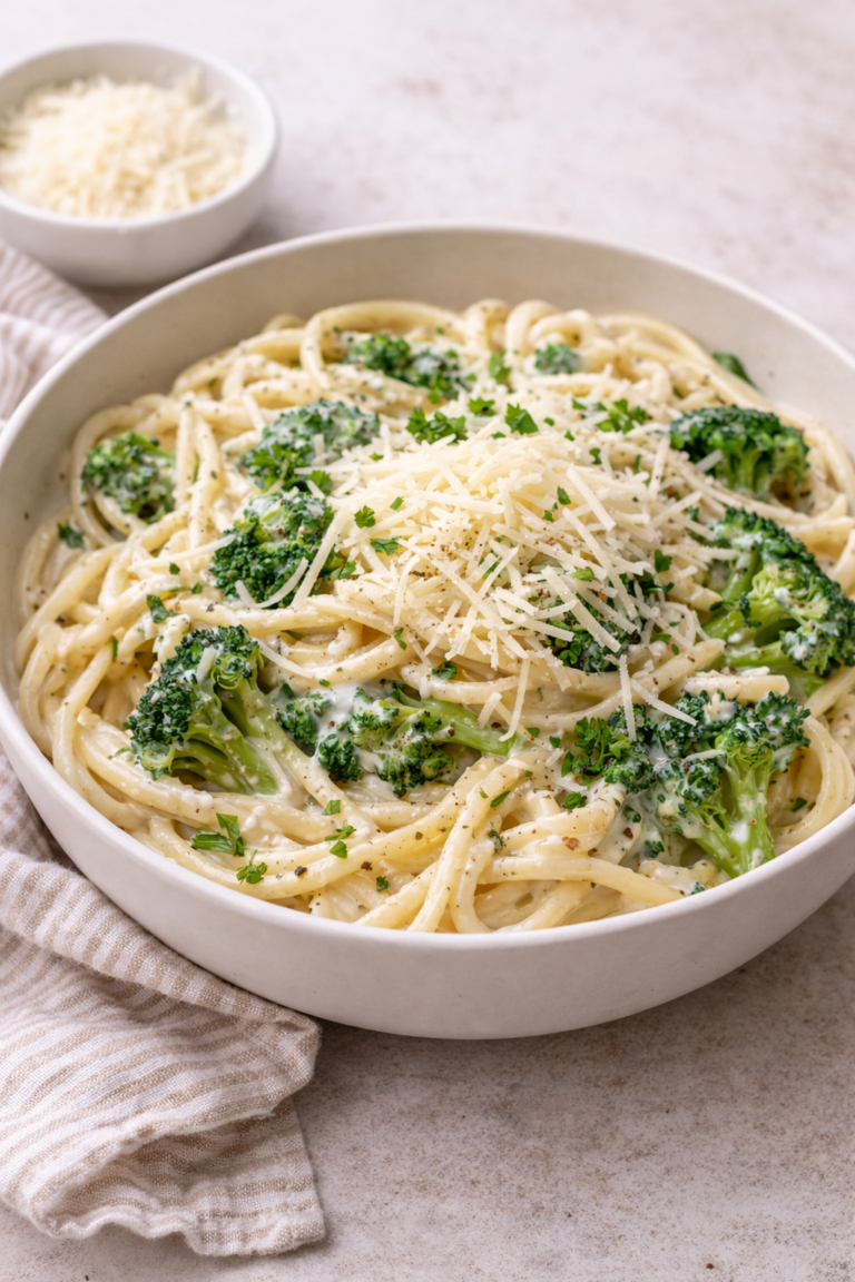 a bowl of pasta with broccoli and creamy high protein cottage cheese alfredo sauce