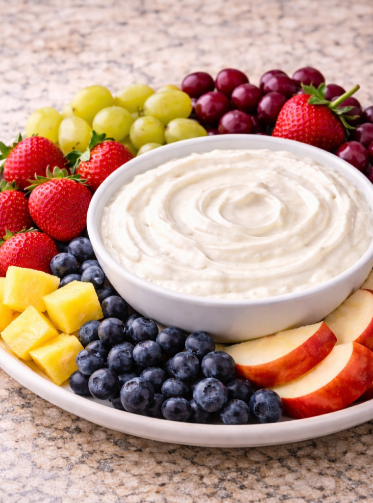 3-ingredient cream cheese fruit dip on a plate of fruit