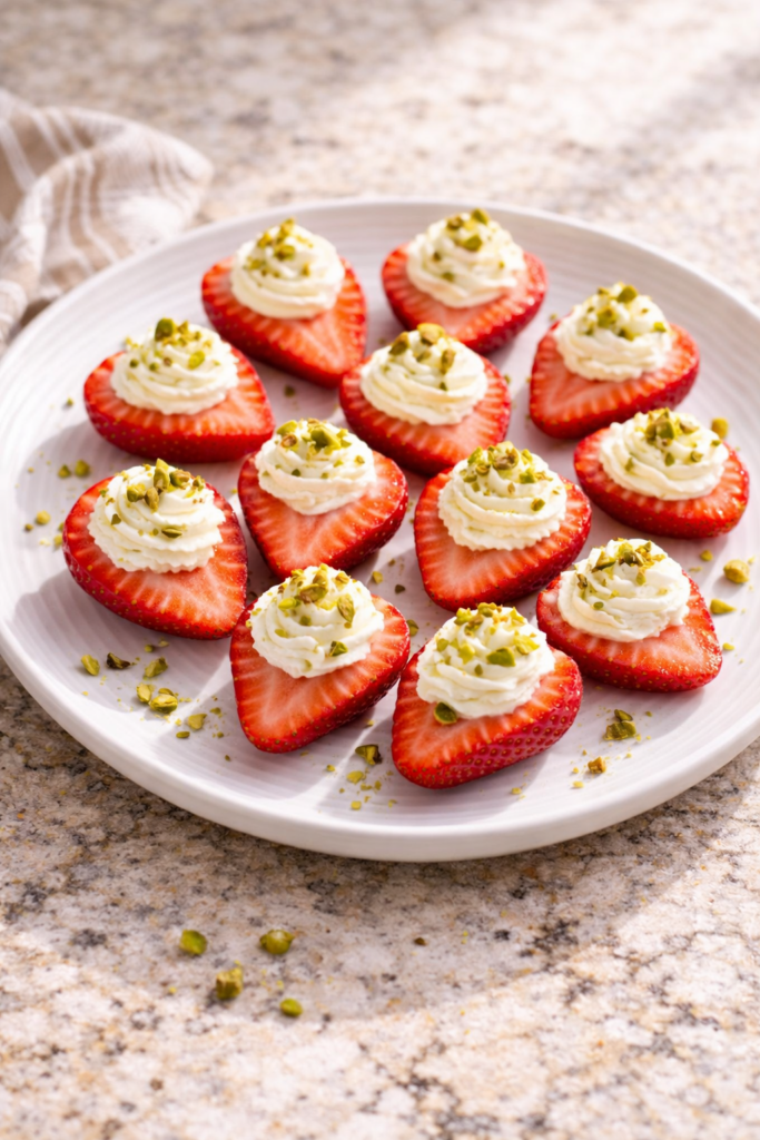 plate of deviled strawberries topped with crushed pistachios