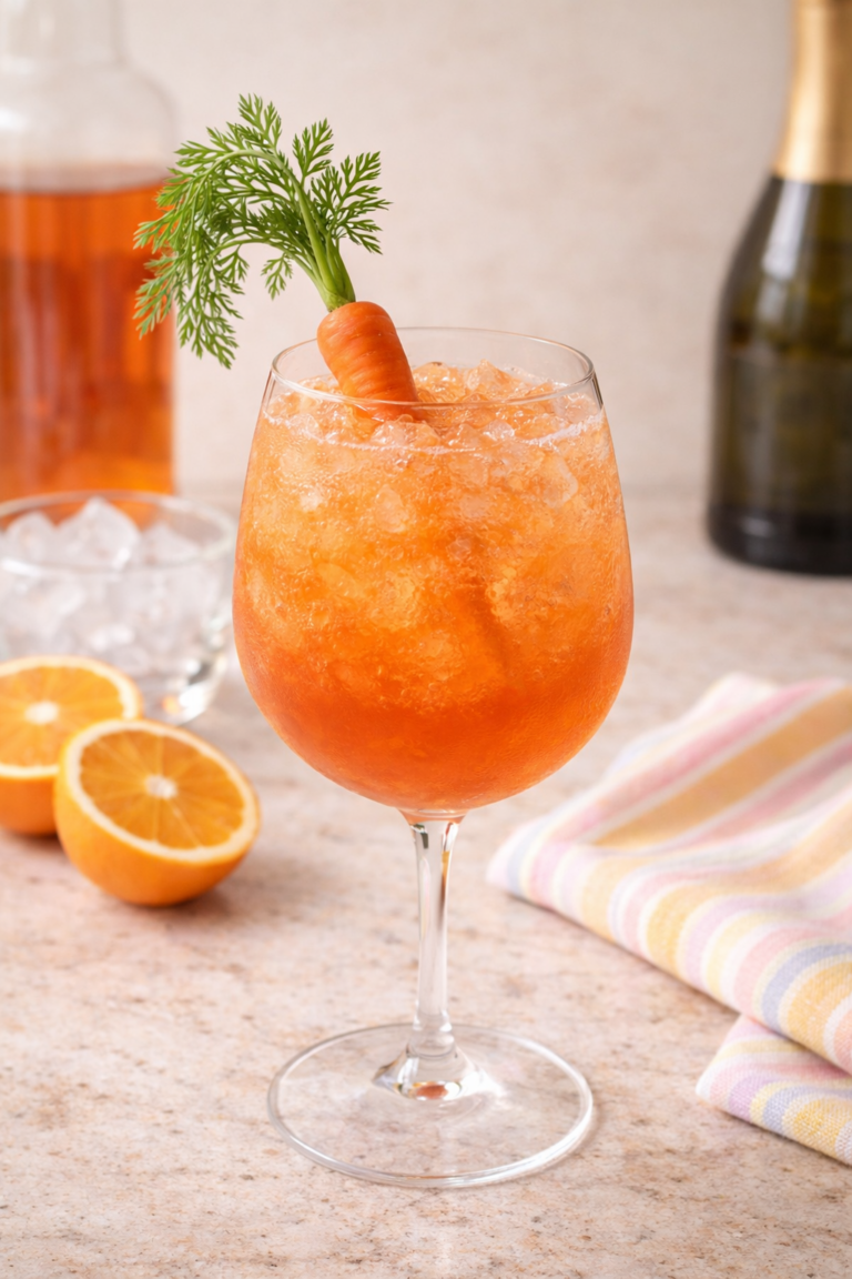 glass of aperol spritz garnished with a carrot fand ingredients in the background for a fun twist on an easter cocktail.