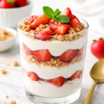 A strawberry and Greek yogurt parfait dessert layered in a clear glass with crushed graham crackers.