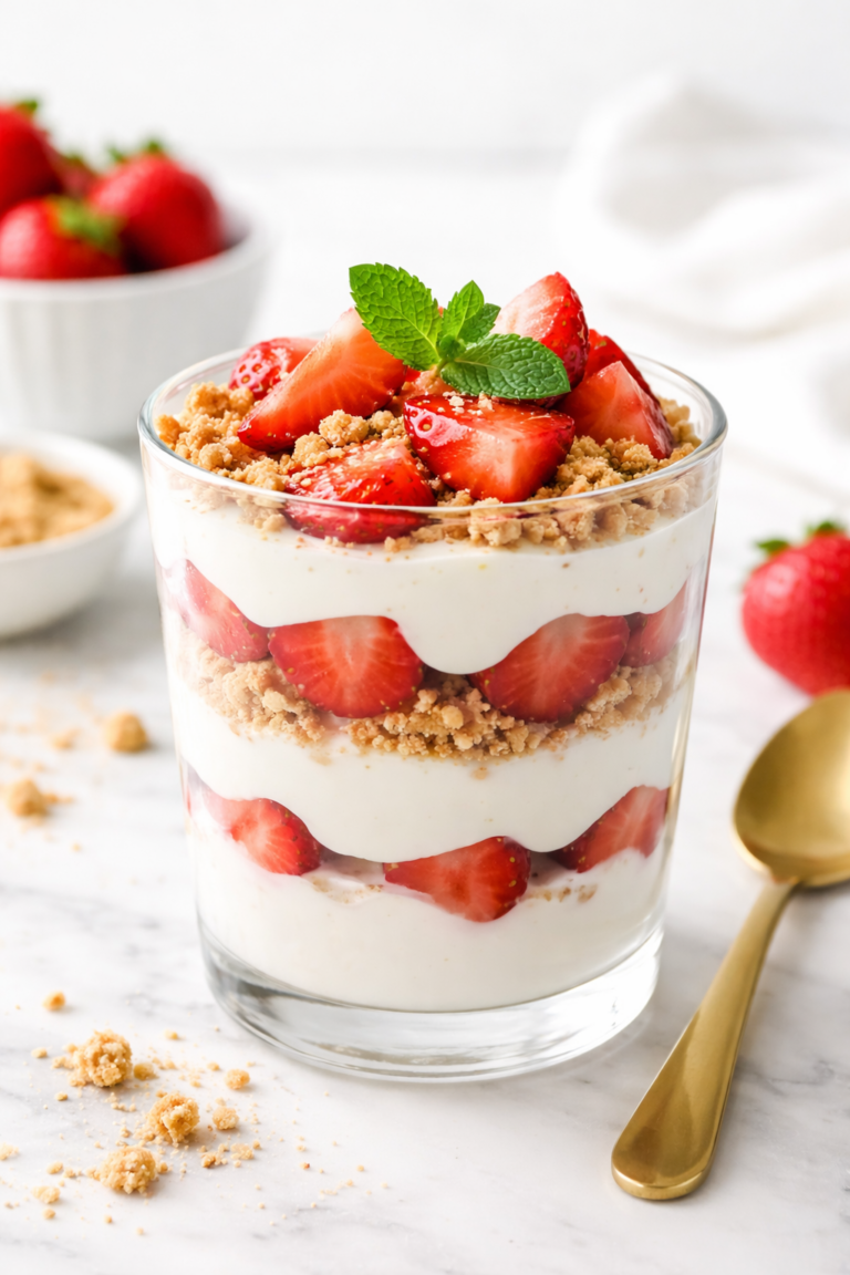 A strawberry and Greek yogurt parfait dessert layered in a clear glass with crushed graham crackers.